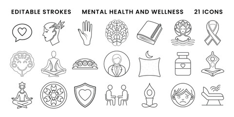 Collection of mental health and wellness vector icons with editable strokes on transparent background