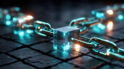 Luminous crystal cube connects glossy chains representing blockchain technology, secured connections, or unbreakable links