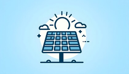 Solar energy icon featuring sun and photovoltaic panel in flat design placed on pastel blue background for eco theme