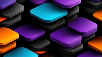 Colorful Stacked Rounded Squares on Black Background, Abstract 3D Render