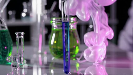 Colorful chemical reactions occur in a lab with various glassware filled with vibrant liquids at a science demonstration