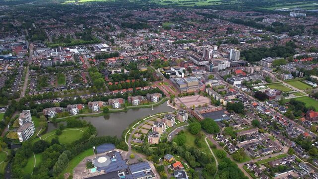 An panoramic Aerial view of the old town of the city Drachten in the Netherlands on a cloudy morning in summer