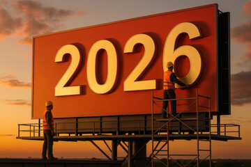 Workers Installing 2026 Numbers on Billboard at Sunset – New Year Concept