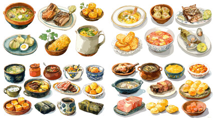 Asian cuisine illustration featuring Chinese soups, meats, dumplings, and side dishes in ceramic bowls and plates. Perfect for cultural and culinary themes.

