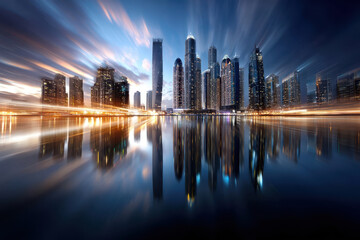 Fototapeta premium City skyline reflects on water during twilight with vibrant lights and dramatic clouds
