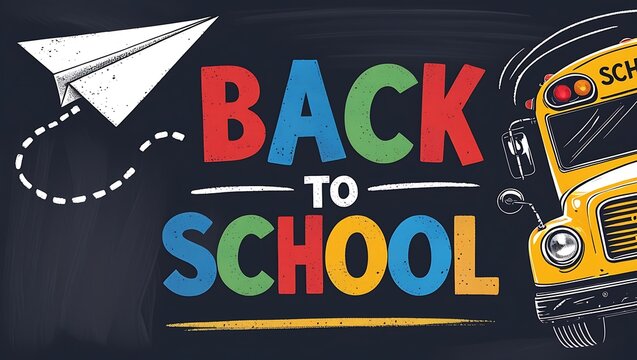 Back to school message with a paper airplane and a yellow school bus - Powered by Adobe