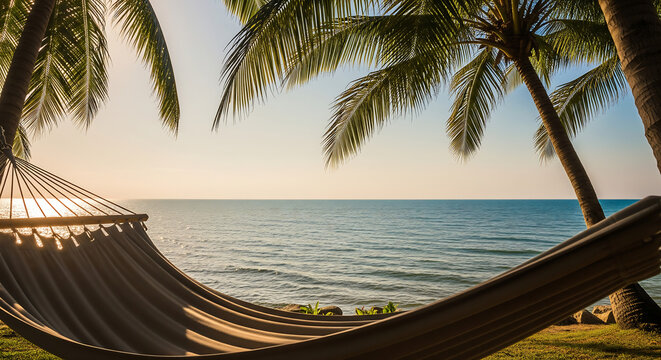 Relaxing in a hammock between palm trees on a tropical beach at sunset, enjoying the ocean view
