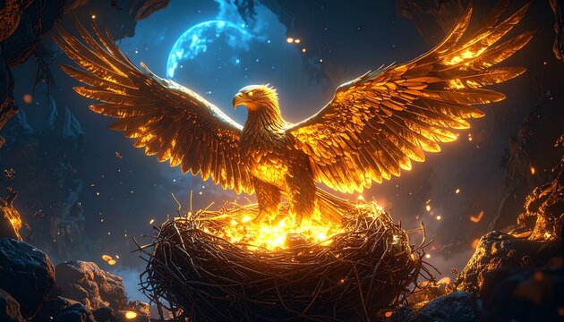 Enigmatic golden roc nestled in a fiery radiating wealth and fantasy elements