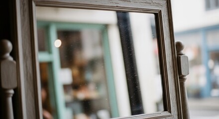 Antique mirror with wooden frame reflecting a store front