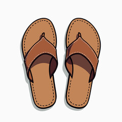 Illustration of a Pair of Brown Leather Flip Flops Sandals with White Stitching on a White Background