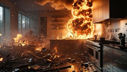 A fiery explosion erupts inside a modern kitchen, causing extensive damage and chaos.