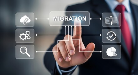 Conceptual migration interface showcasing data transfer and cloud connectivity with a modern businessman's touch emphasizing digital business transformation.