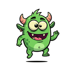 A lively green cartoon monster with small horns, big googly eyes, a wide smile, and a playful pose, casting a small shadow.

