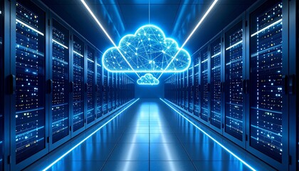 Modern server room with central cloud illustrating futuristic tech scene and data transfer