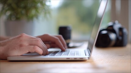 Professional photographer using laptop next to camera, and lenses, World Photography Day concept