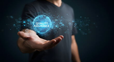 Hand Holding Global Quality Assurance Network Interface – Data Integration, System Performance Monitoring, QA Testing, Compliance, Technology Concept Video

