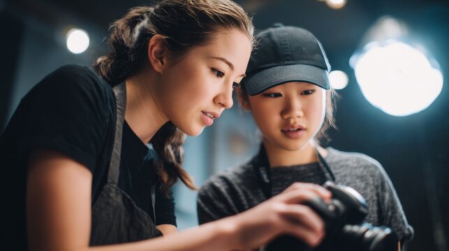Female photographer teaches camera setup to student in studio, World Photography Day concept