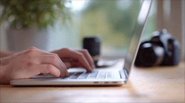 Professional photographer using laptop next to camera, and lenses, World Photography Day concept