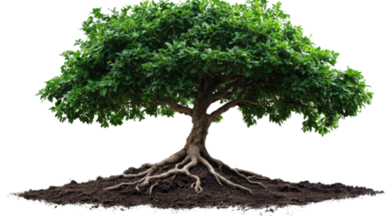 Large green tree with full foliage and thick trunk isolated on white background