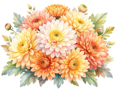 Top View of Yellow Chrysanthemum Bouquet with Leaves, Flat Lay PNG. And transparent the background. - Powered by Adobe