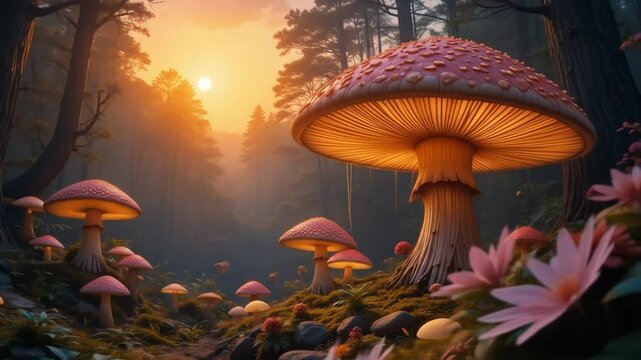 Glowing Mushrooms in Fantasy Forest at Sunset. 4k video