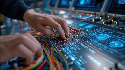 Obraz premium Closeup shot of hands working on the intricate wiring of a propulsion system showcasing colorful cables and connectors with a backdrop of blueprints and digital displays indicating
