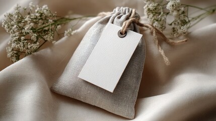 Wedding favor tag mockup elegant bag with a blank tag, perfect for wedding favors or special events.