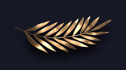 Metallic golden branch. Palm branch on dark background. Vector illustration.