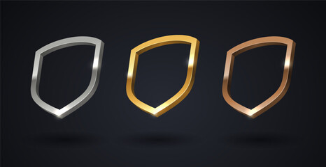 Set of rank shield emblems - gold, silver, bronze. First place, second place and third place signs. Vector illustration.