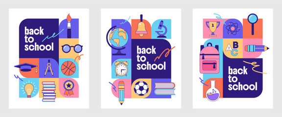 Set of Back to school colorful banner with school object, supplies and stationery. Vector illustration.