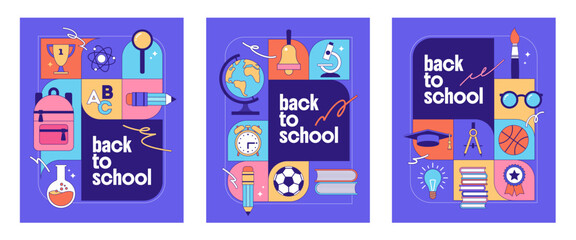 Set of Back to school colorful banner with school object, supplies and stationery. Vector illustration.