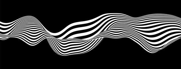 Abstract background with wave lines. Dynamic abstract vector design. 3D optical illusion- line art. Curved smooth shape on black background.