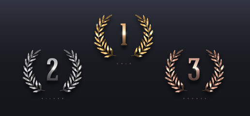 Set of rank emblems - golden, silver and bronze laurel wreath. First place, second place and third place signs with branches. Winner award and achievement heraldry symbol. Vector illustration.