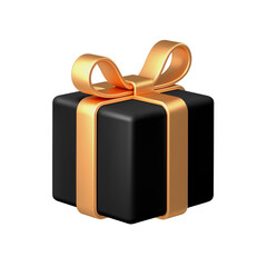 Black gift box with golden bow ribbon isolated on white background. 3d render holiday decorations. Vector illustration. Design elements.