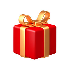 Red gift box with golden bow ribbon isolated on white background. 3d render holiday decorations. Vector illustration. Design elements.