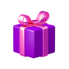 Purple gift box with pink bow ribbon isolated on white background. 3d render holiday decorations. Vector illustration. Design elements.