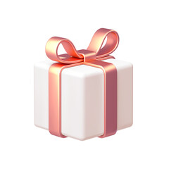 White gift box with rose gold bow ribbon isolated on white background. 3d render holiday decorations. Vector illustration. Design elements.