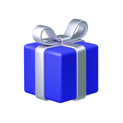 Blue gift box with silver bow ribbon isolated on white background. 3d render holiday decorations. Vector illustration. Design elements.