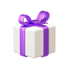 White gift box with purple bow ribbon isolated on white background. 3d render holiday decorations. Vector illustration. Design elements.