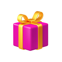 Bright pink gift box with yellow bow ribbon isolated on white background. 3d render holiday decorations. Vector illustration. Design elements.