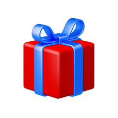 Red gift box with blue bow ribbon isolated on white background. 3d render holiday decorations. Vector illustration. Design elements.