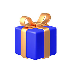 Blue gift box with golden bow ribbon isolated on white background. 3d render holiday decorations. Vector illustration. Design elements.
