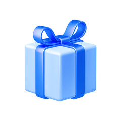 Light blue gift box with blue bow ribbon isolated on white background. 3d render holiday decorations. Vector illustration. Design elements.