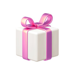 White gift box with pink bow ribbon isolated on white background. 3d render holiday decorations. Vector illustration. Design elements.