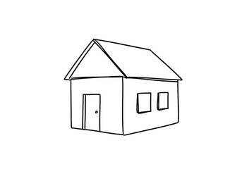 House hand drawing. It is a black and white outline image of a simple house, featuring a peaked roof, a door, and two windows. Vector sketch line art draw.