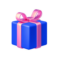 Blue gift box with pink bow ribbon isolated on white background. 3d render holiday decorations. Vector illustration. Design elements.