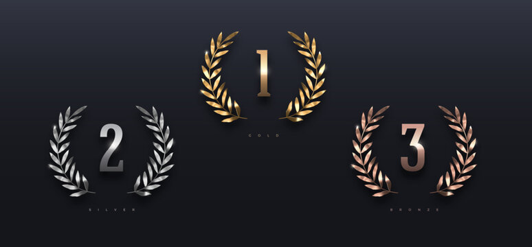 Set of rank emblems - golden, silver and bronze laurel wreath. First place, second place and third place signs with branches. Winner award and achievement heraldry symbol. Vector illustration.