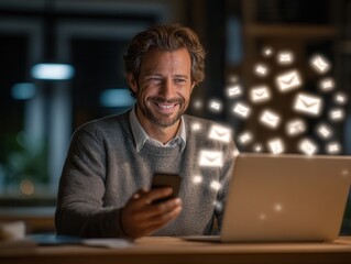 a smiling man chatting on his smartphone with floating digital message icons 
