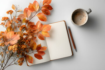 opened gratitude journal with pen, autumn leaves, coffee mug, cozy workspace at home. top view, flat lay, white background. thanks giving October in autumn.  