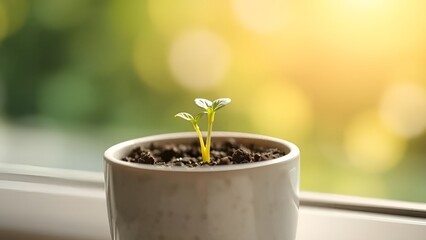 Healthy Green Seedling in Small Pot by Sunny Window – Fresh Plant Growth and Nature Concept